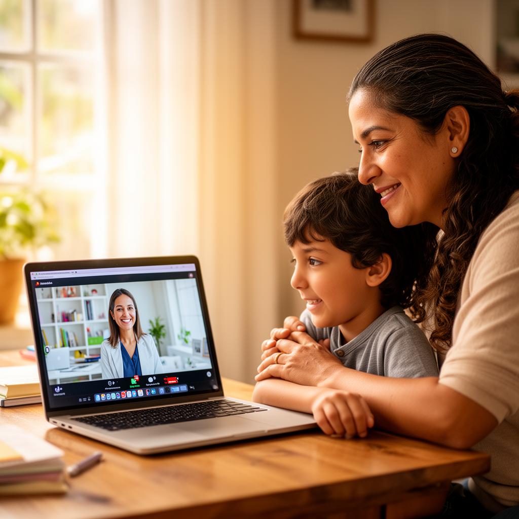 Madre y su hijo en una orientación educativa online por videollamada con una profesional de Educa CAECH